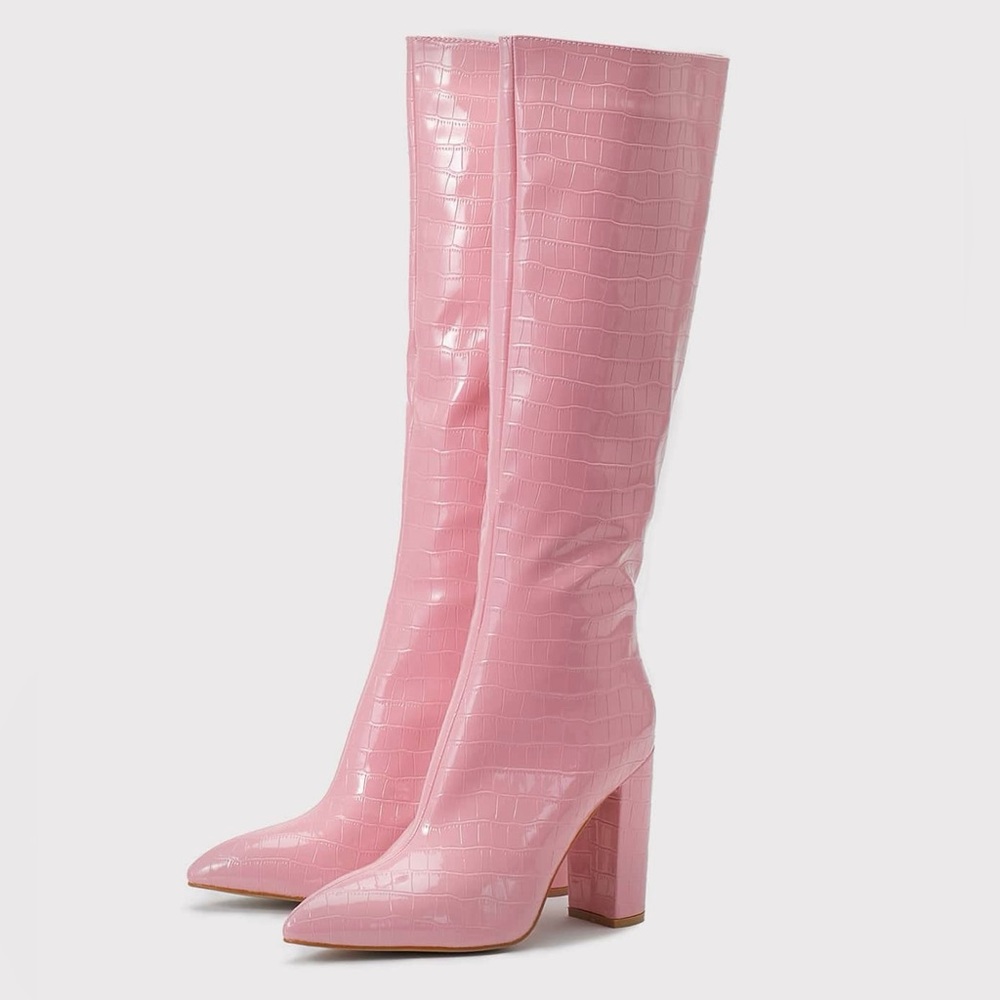 Pink Croc-Embossed Knee-High Boots Side Zipper